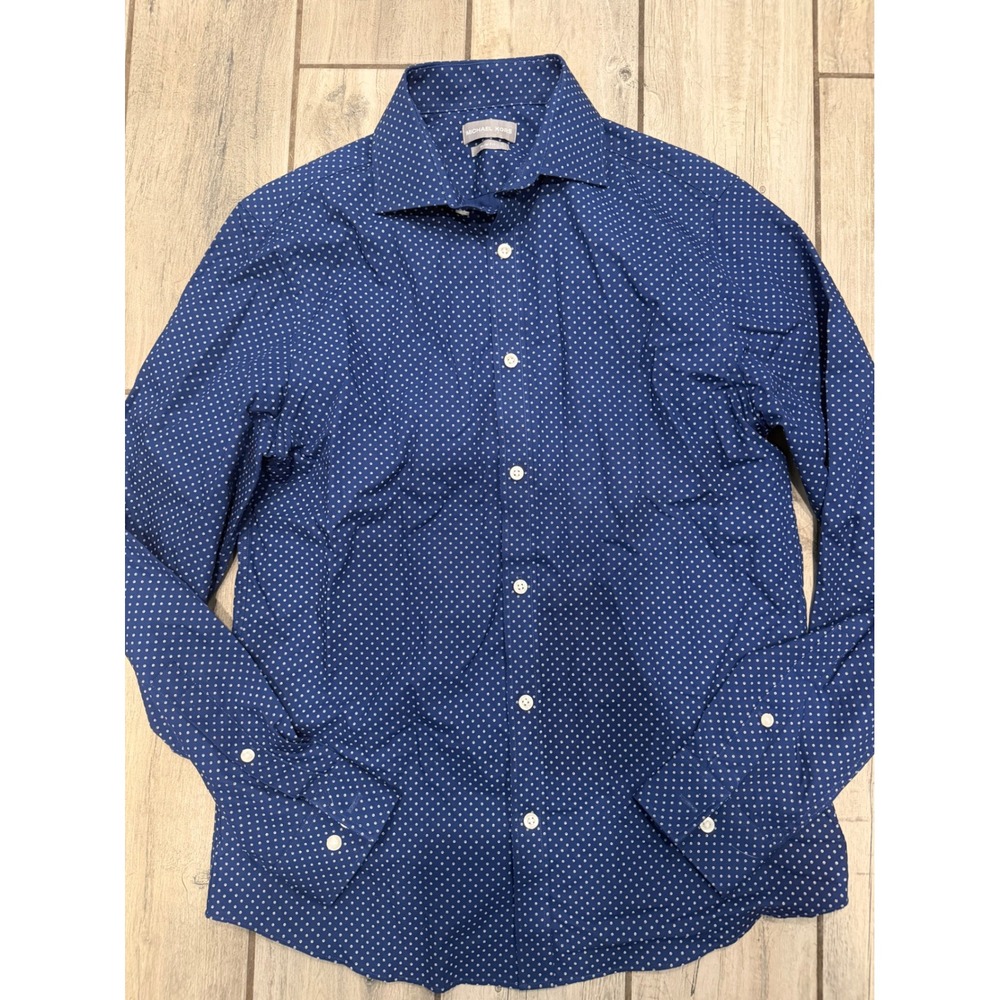 Michael Kors Mens Slim Fit Dress Shirt Navy Blue White Micro Dot 15 32/33 M